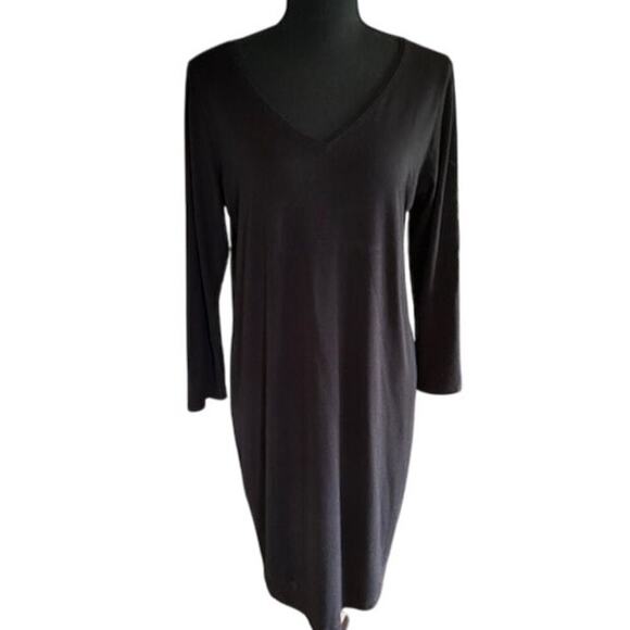 Eileen Fisher Black Stretch Knit V-Neck Dress - Size M - Picture 1 of 4